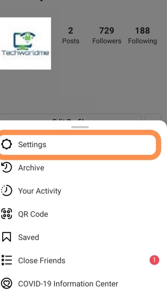 Instagram settings option on app